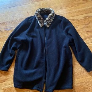 Large black jacket, faux fuzz around neck. Label missing, so guessing size.
